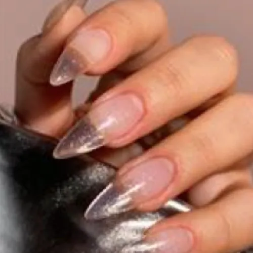 Long almond hard gel extensions with a sheer glitter finish