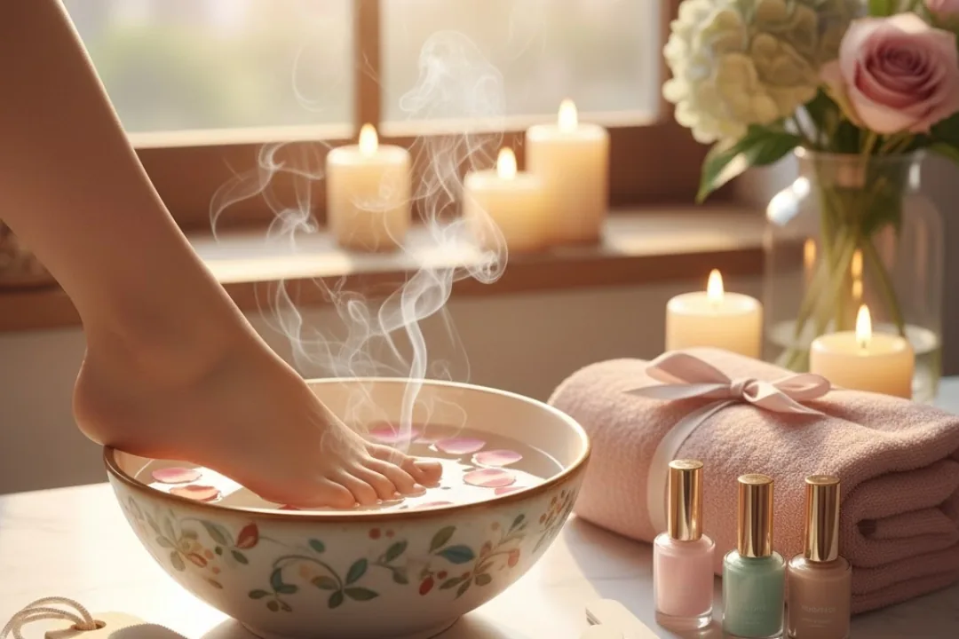 Warm foot soak with candles and flowers